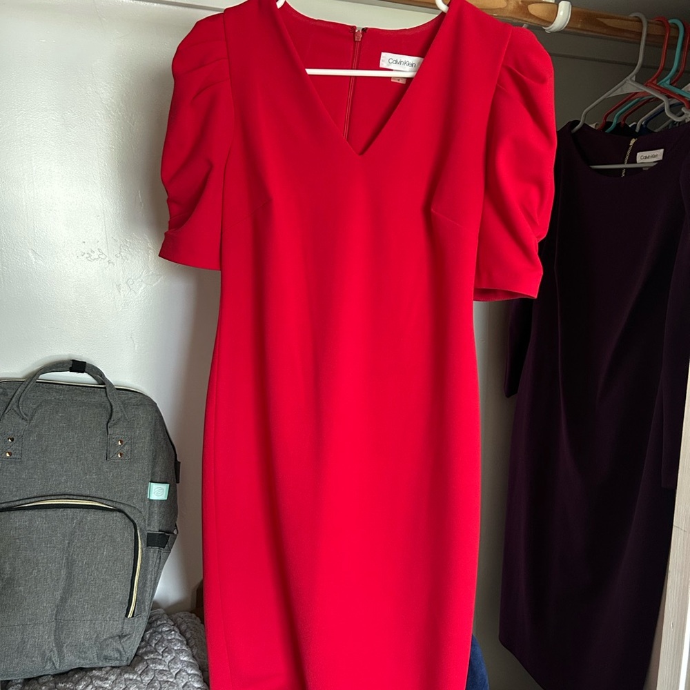 Calvin Klein Red Puff Sleeve Sheath Midi Dress